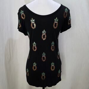H&M Whimsical Sequin Tropical Pineapple Cap Sleeve Soft Black Shirt, Size Medium